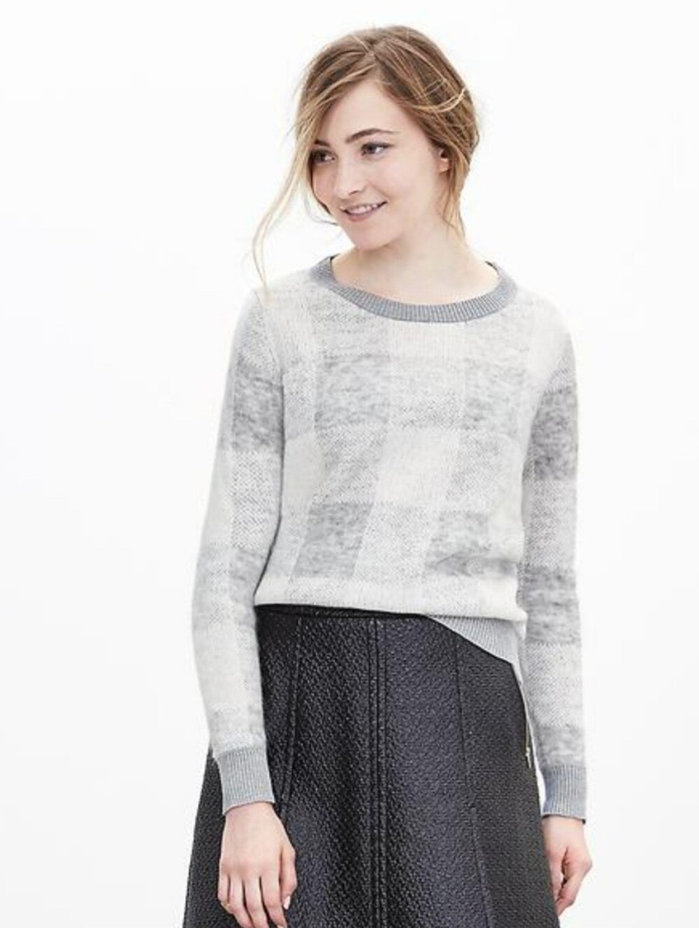 Banana Republic Gray and Cream Checkered Crewneck Sweater